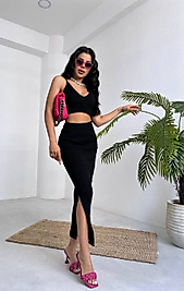 Triko Askılı Crop Kalem Etek Takım Siyah