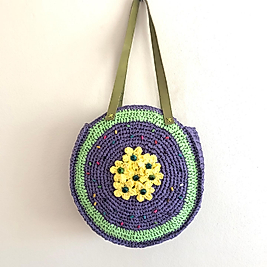 Rafia El Yapımı Yuvarlak Çiçekli Çanta Lacivert