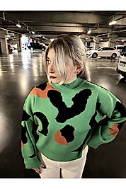 İnek Desen Örme Kazak Yeşil