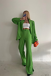 Yırtmaç Detay Beli Lastikli  Yeşil Kumaş Pantolon