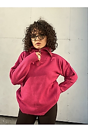 Fermuarlı Dik Yaka Pembe Triko Kazak