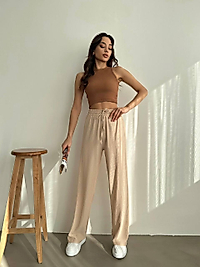 Gofre Kumaş Beli Lastikli Bol Paça Pantolon Açık Kahve