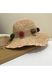Raffia El Yapımı Hasır Ponponlu Şapka Krem