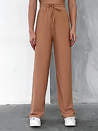 Gofre Kumaş Beli Lastikli Bol Paça Pantolon Kahverengi