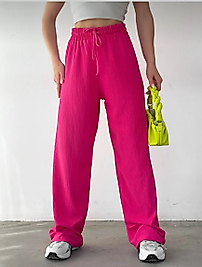 Gofre Kumaş Beli Lastikli Bol Paça Pantolon Pembe