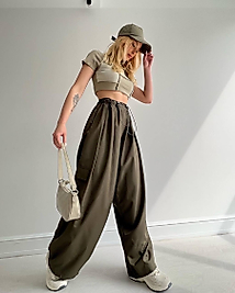 Paraşüt Kumaş Beli Lastikli Relax Pantalon Haki