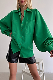 Balon Kol Poplin Kumaş Yeşil Gömlek