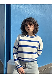 Bisiklet Yaka Çizgili Crop Triko Kazak Saks Mavisi