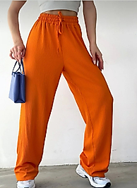 Gofre Kumaş Beli Lastikli Bol Paça Pantolon Turuncu