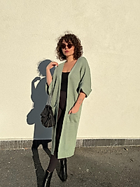 Dirsek Kol Çağla Yeşili Triko Uzun Hırka