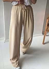 Gofre Kumaş Beli Lastikli Bol Paça Pantolon Bej