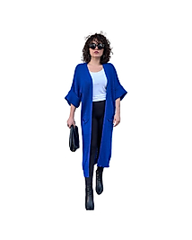 Dirsek Kol Saks Mavisi Triko Uzun Hırka