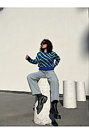 Bisiklet Yaka Dalga Desenli Triko Kazak Saks Mavisi