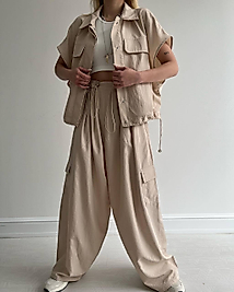 Paraşüt Kumaş Beli Lastikli Relax Pantalon Krem