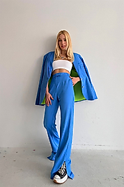 Yırtmaç Detay Beli Lastikli Mavi Kumaş Pantolon