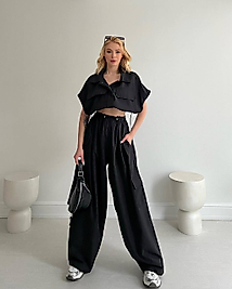 Paraşüt Kumaş Beli Lastikli Relax Pantalon Siyah