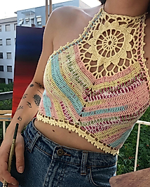 Vintage Model Likralı Crop El Örgüsü Sarı Tonları