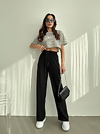 Gofre Kumaş Beli Lastikli Bol Paça Pantolon Siyah