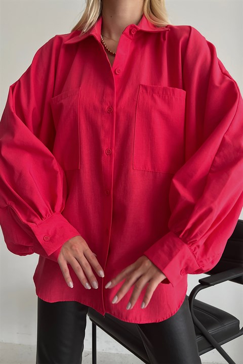Balon Kol Poplin Kumaş Pembe Gömlek
